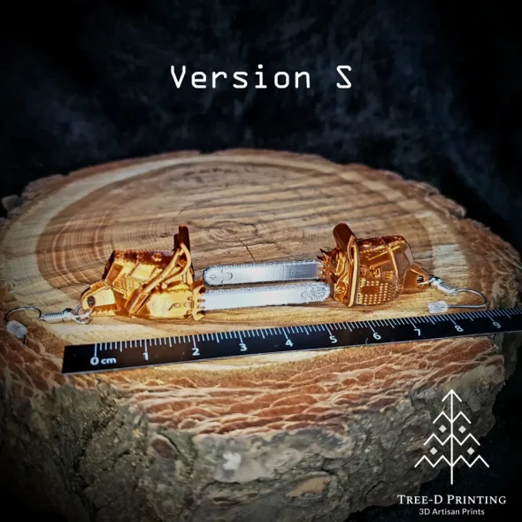 Version S chainsaw earrings with ruler