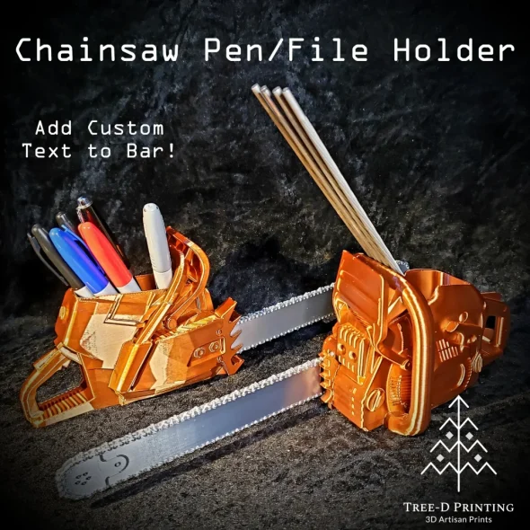 Chainsaw pen/file holder with custom text